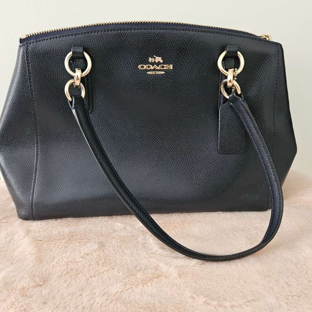 Coach medium leather tote with detachable long strap (Dark Blue)